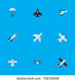Vector Illustration Set Of Simple Aircraft Icons. Elements Plane, Catapults, Bomb And Other Synonyms Airplane, Vehicle And Aviation.