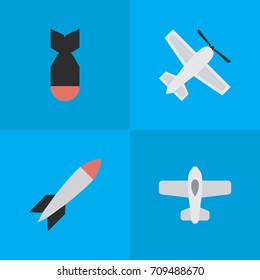 Vector Illustration Set Of Simple Aircraft Icons. Elements Bomb, Craft, Rocket And Other Synonyms Bomb, Airplane And Aircraft.