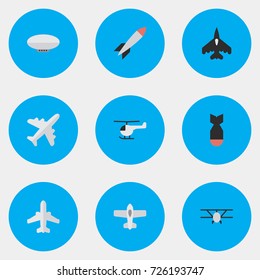 Vector Illustration Set Of Simple Aircraft Icons. Elements Copter, Airplane, Airliner And Other Synonyms Copter, Flying And Helicopter.