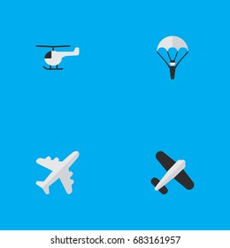 Vector Illustration Set Of Simple Airplane Icons. Elements Catapults, Aviation, Aircraft And Other Synonyms Man, Copter And Chopper.