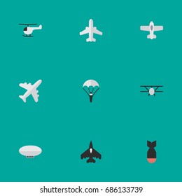 Vector Illustration Set Of Simple Airplane Icons. Elements Plane, Airliner, Balloons And Other Synonyms Chopper, Craft And Man.