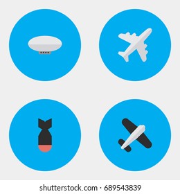 Vector Illustration Set Of Simple Airplane Icons. Elements Balloons, Aircraft, Aviation And Other Synonyms Dynamite, Airplane And Airship.