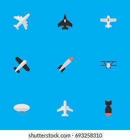 Vector Illustration Set Of Simple Airplane Icons. Elements Flying Vehicle, Plane, Rocket And Other Synonyms Bomb, Rocket And Plane.