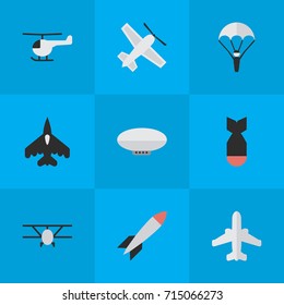 Vector Illustration Set Of Simple Airplane Icons. Elements Airliner, Catapults, Flying Vehicle And Other Synonyms Parachute, Catapults And Airliner.