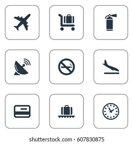 Vector Illustration Set Of Simple Airport Icons. Elements Cigarette Forbidden, Alighting Plane, Antenna And Other Synonyms Landing, Fire And Cart.