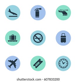 Vector Illustration Set Of Simple Airport Icons. Elements Cigarette Forbidden, Coupon, Protection Tool And Other Synonyms Extinguisher, Ticket And Helicopter.