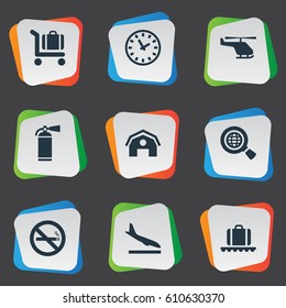 Vector Illustration Set Of Simple Airport Icons. Elements Air Transport, Cigarette Forbidden, Luggage Carousel And Other Synonyms Hangar, Helicopter And Garage.