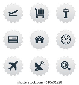 Vector Illustration Set Of Simple Airport Icons. Elements Flight Control Tower, Global Research, Credit Card And Other Synonyms Credit, Shed And Satelite.