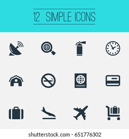 Vector Illustration Set Of Simple Airport Icons. Elements Watch, Antenna, Alighting Plane And Other Synonyms Landing, Credit And Clock.