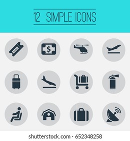 Vector Illustration Set Of Simple Airport Icons. Elements Handbag, Baggage Cart, Antenna Synonyms Hangar, Protection And Airplane.
