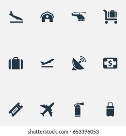 Vector Illustration Set Of Simple Airport Icons. Elements Protection Tool, Baggage Cart, Antenna And Other Synonyms Fire, Extinguisher And Takeoff.