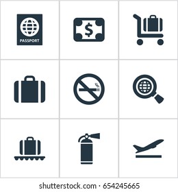 Vector Illustration Set Of Simple Airport Icons. Elements Takeoff, Certificate Of Citizenship, Baggage Cart And Other Synonyms Flight, Earth And Stop.