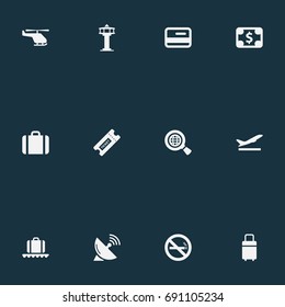 Vector Illustration Set Of Simple Airport Icons. Elements Flight Control Tower, Coupon, Travel Bag And Other Synonyms Case, Baggage And Coupon.