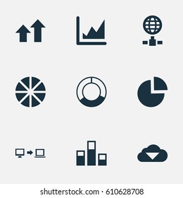 Vector Illustration Set Of Simple Analysis Icons. Elements Increase Graph, Internet Server, Cycle Chart And Other Synonyms Chart, Data And Growth.