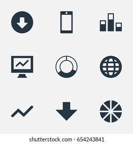 Vector Illustration Set Of Simple Analysis Icons. Elements Download, Earth, Statistics And Other Synonyms Surge, Loading And Download.