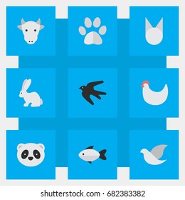 Vector Illustration Set Of Simple Animals Icons. Elements Sparrow, Cock, Foot And Other Synonyms Swallow, Bird And Rooster.