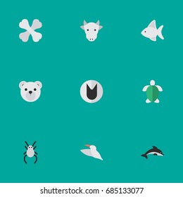 Vector Illustration Set Of Simple Animals Icons. Elements Skeleton, Turtle, Tomcat And Other Synonyms Cow, Bird And Panda.