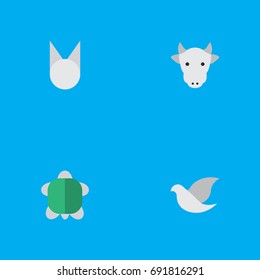 Vector Illustration Set Of Simple Animals Icons. Elements Kine, Tortoise, Cat And Other Synonyms Sweet, Cow And Animal.