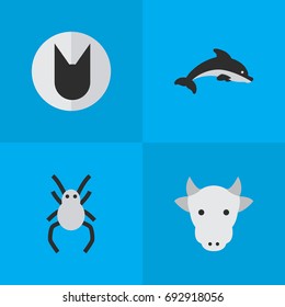 Vector Illustration Set Of Simple Animals Icons. Elements Kine, Tarantula, Tomcat And Other Synonyms Cow, Milk And Spider.