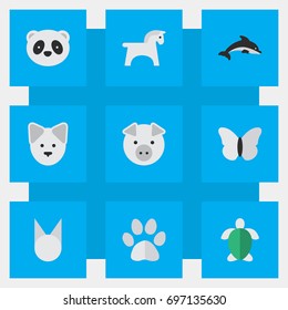 Vector Illustration Set Of Simple Animals Icons. Elements Wolf, Steed, Foot And Other Synonyms Moth, Footprint And Pig.