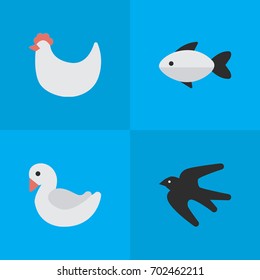 Vector Illustration Set Of Simple Animals Icons. Elements Sparrow, Cock, Perch And Other Synonyms Seafood, Rooster And Perch.