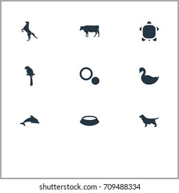 Vector Illustration Set Of Simple Animals Icons. Elements Tortoise, Pet Plate, Hippodrome And Other Synonyms Turtle, Goose And Horse.