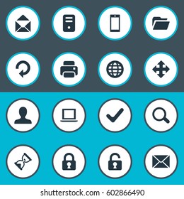 Vector Illustration Set Of Simple Application Icons. Elements Open Padlock, Message, Computer Case And Other Synonyms Arrow, Globe And Printer.