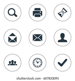 Vector Illustration Set Of Simple Application Icons. Elements Envelope, User, Watch And Other Synonyms Magnifier, Timer And Team.