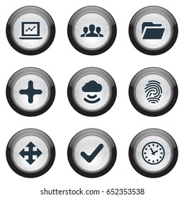 Vector Illustration Set Of Simple Application Icons. Elements Community, Download, Check And Other Synonyms Ticker, Identification And Wave.