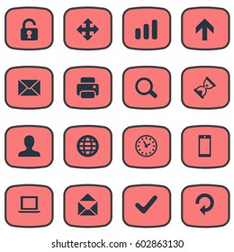 Vector Illustration Set Of Simple Apps Icons. Elements Upward Direction, Statistics, Refresh And Other Synonyms Timer, Zoom And Cellphone.
