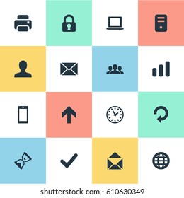 Vector Illustration Set Of Simple Apps Icons. Elements User, Computer Case, Notebook And Other Synonyms Printer, Hourglass And Orb.
