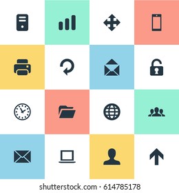 Vector Illustration Set Of Simple Apps Icons. Elements Message, Dossier, Watch And Other Synonyms PC, Laptop And File.