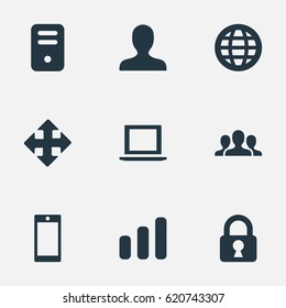 Vector Illustration Set Of Simple Apps Icons. Elements Statistics, Arrows, Computer Case And Other Synonyms Cellphone, Bar And Human.