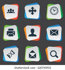 Vector Illustration Set Of Simple Apps Icons. Elements Watch, Envelope, Magnifier And Other Synonyms Enlarge, Human And User.