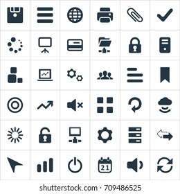 Vector Illustration Set Of Simple Apps Icons. Elements Lock, Scroll, Cogwheel And Other Synonyms Lock, Calendar And Refresh.