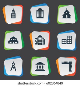 Vector Illustration Set Of Simple Architecture Icons. Elements Superstructure, Offices, Flat And Other Synonyms Apartment, Building And Edifice.