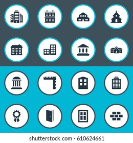 Vector Illustration Set Of Simple Architecture Icons. Elements Stone, Block, Superstructure And Other Synonyms Superstructure, Glazing And Shack.