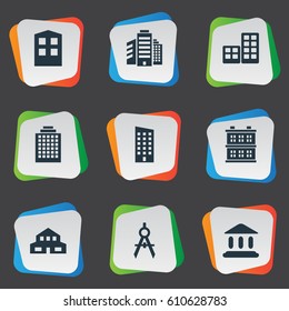 Vector Illustration Set Of Simple Architecture Icons. Elements Construction, Block, Residential And Other Synonyms Flat, Residential And Cottage.