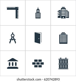 Vector Illustration Set Of Simple Architecture Icons. Elements Gate, Block, Superstructure And Other Synonyms Booth, Apartment And Realty.