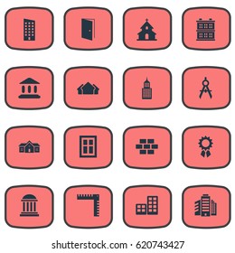 Vector Illustration Set Of Simple Architecture Icons. Elements Superstructure, Reward, Block And Other Synonyms Shelter, Compass And Three.