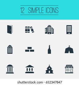 Vector Illustration Set Of Simple Architecture Icons. Elements Gate, Superstructure, Academy And Other Synonyms Religious, Door And Booth.