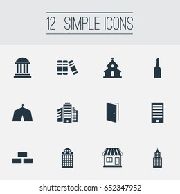 Vector Illustration Set Of Simple Architecture Icons. Elements Modern, Local Market, Popish And Other Synonyms Fair, Architecture And Edifice.