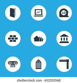 Vector Illustration Set Of Simple Architecture Icons. Elements Pillar, Laptop, Cottage And Other Synonyms Open, Scale And House.