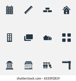 Vector Illustration Set Of Simple Architecture Icons. Elements Academy, Real Estate, Ruler And Other Synonyms Measure, Project And Stone.