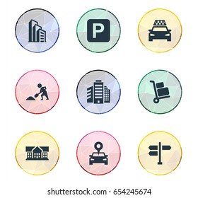 Vector Illustration Set Of Simple Architecture Icons. Elements Airport Cart, School, Cityscape And Other Synonyms Parking, Direction And Cart.