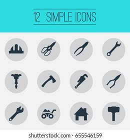 Vector Illustration Set Of Simple Architecture Icons. Elements House, Automatic Screwdriver, Clipping Tool And Other Synonyms Spanner, Wrench And Repair.