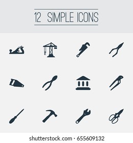 Vector Illustration Set Of Simple Architecture Icons. Elements Mechanic Key, Hoisting Machine, Pliers And Other Synonyms Saw, Adjustable And Hacksaw.