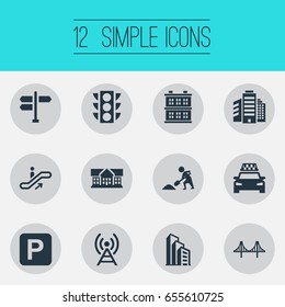 Vector Illustration Set Of Simple Architecture Icons. Elements Semaphore, Megapolis, Signal Transmitter And Other Synonyms Direction, Stoplight And Under.