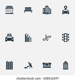 Vector Illustration Set Of Simple Architecture Icons. Elements Megapolis, Passenger Transportation, Skyscraper And Other Synonyms Building, Manufacture And Awning.