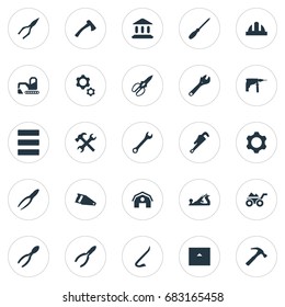 Vector Illustration Set Of Simple Architecture Icons. Elements Clipping Tool, Home, Saw And Other Synonyms Home, Chisel And Building.